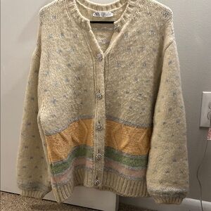 Zara Cream Cardigan with Pastel Yellow, Green and Pink Stripes
